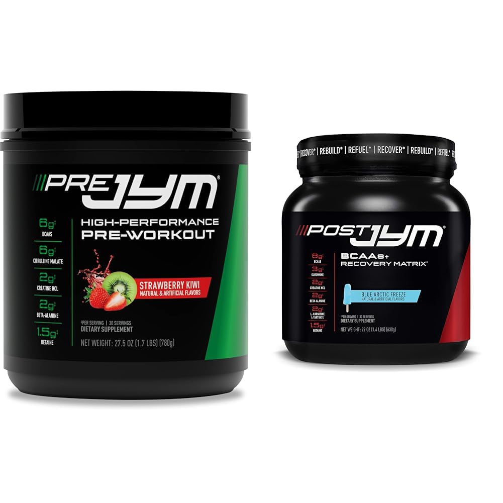 Supplément JYM Science PRE JYM 30 portions - Kiwi fraisier et post-entraînement avec BCAA, Glutamine, Creatine HCL, Beta-Alanine et plus, Blue Arctic Gel, 30 portions, 22 Oz