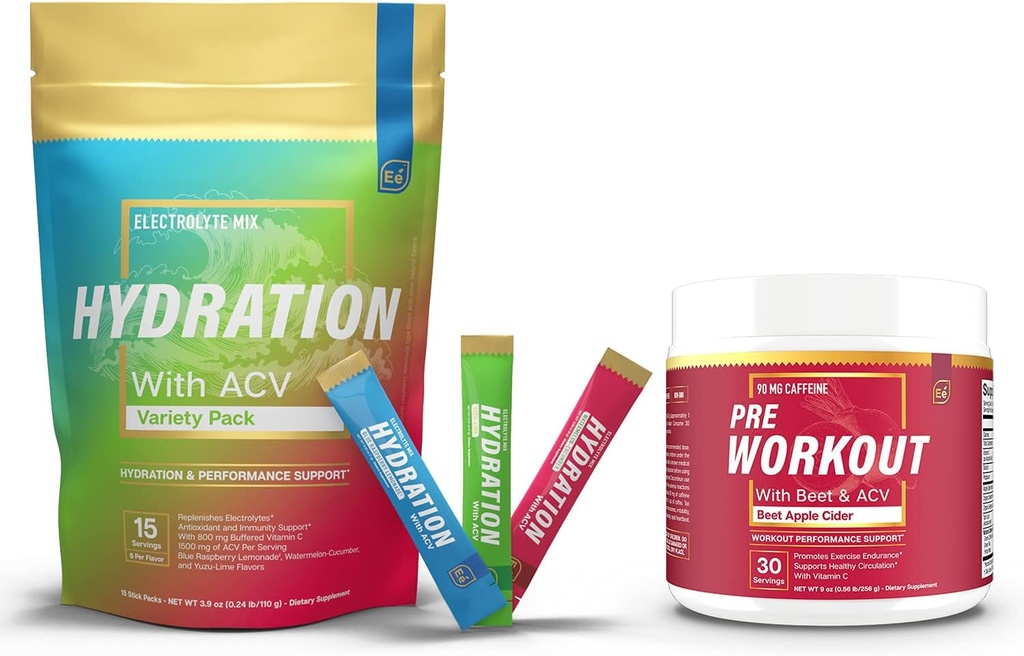 Mélanges de poudre d'hydratation sans sucre - 15 Stick Packs & Poudre de pré-travail avec ACV.