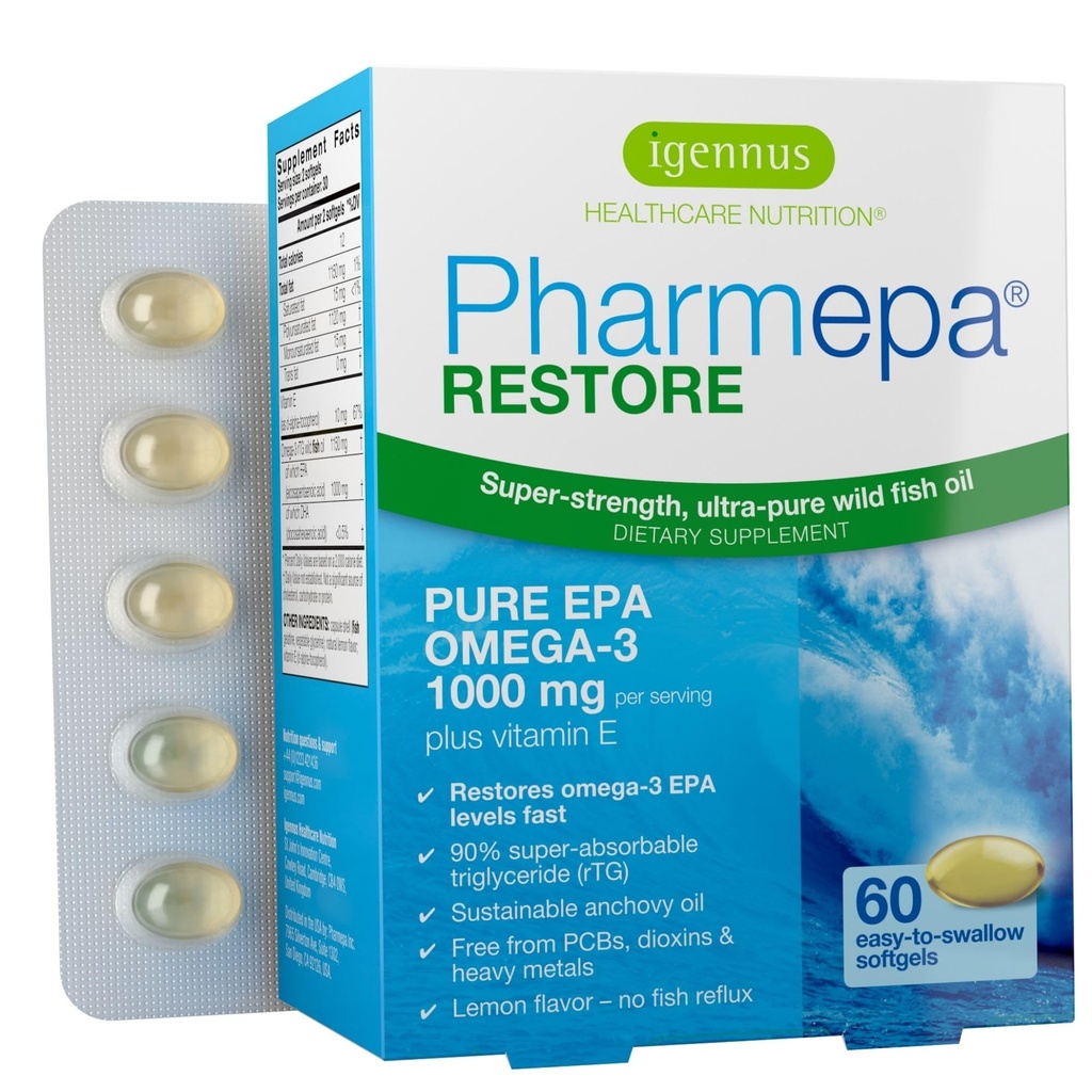 Igennus Pharmepa Restore, Pure EPA 1000mg, Omega 3 rTG Huile de poisson, certifié IFOS, haute absorption, 90% Concentration Triple Force, sauvage et durable, Lemon Flavor, 1-Mois d'approvisionnement, 60 Softgels