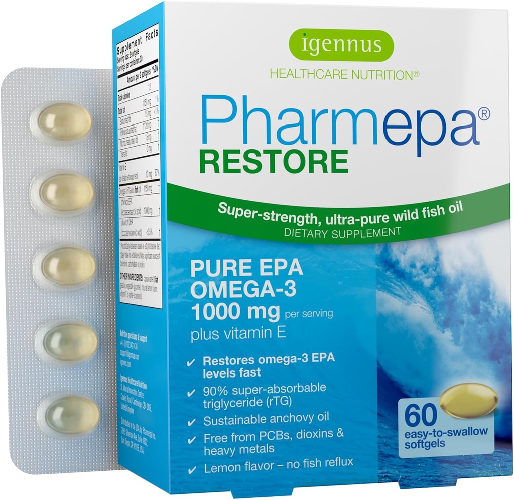 Igennus Pharmepa Restore, Pure EPA 1000mg, Omega 3 rTG Huile de poisson, certifié IFOS, haute absorption, 90% Concentration Triple Force, sauvage et durable, Lemon Flavor, 1-Mois d'approvisionnement, 60 Softgels