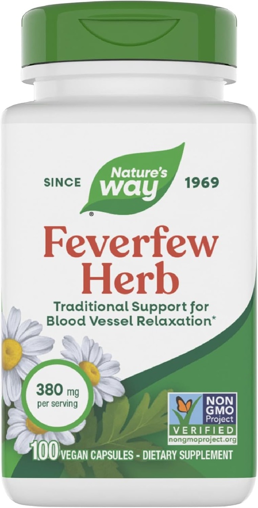Nature's Way Feverfew Herb, soutien traditionnel pour la relaxation des vaisseaux sanguins*, 380 mg par portion, projet non-OGM vérifié, 100 capsules de féverfew végétalien (paquetage May Vary)
