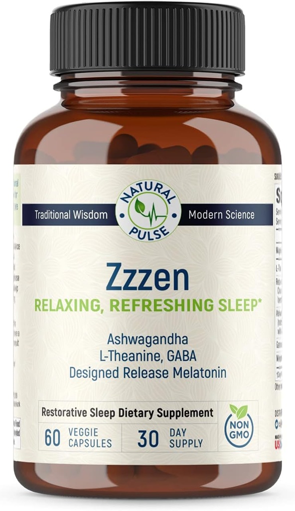 Zzzen, Relaxing Rafraîchir le sommeil, soulager le stress et améliore l'humeur, L-Theanine, Ashwagandha, GABA, Melatonin avec mélange botanique, non OGM, aide au sommeil et supplément pour les adultes, 60 capsules