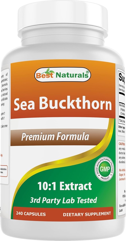 Meilleur extrait de poudre d'huile d'épine de mer naturel 10:1 500 mg 240 Capsules - Non-OGM, sans gluten - Contient de l'acide palmétolique Oméga-7 naturellement