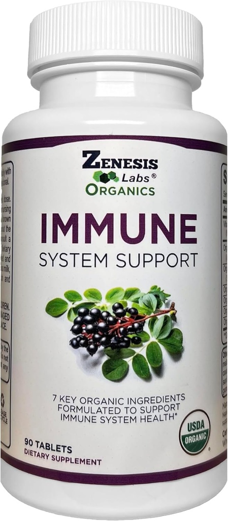 Zenesis Labs Supplément de soutien aux immunones organiques Vitamine C, Moringa, Elderberry, Astragalus, Oregano, Ginger, Aillic (90 comprimés, 30 jours d'approvisionnement)