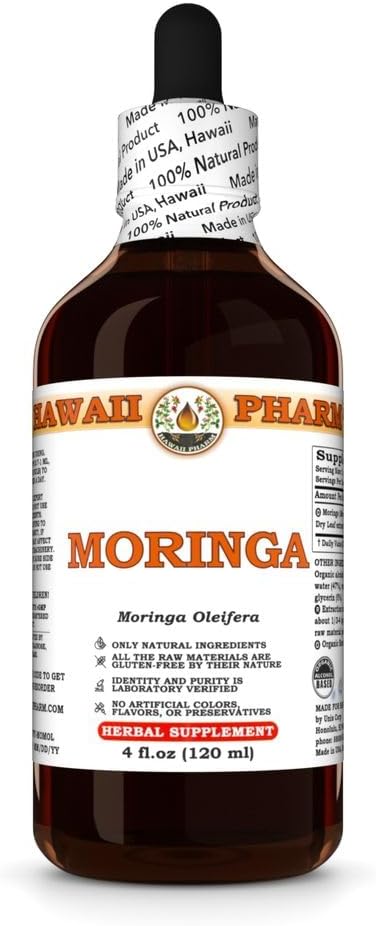 Hawaii Pharm Moringa Extrait, Teinture pour l'équilibre d'humeur et le soutien cardiovasculaire, Nourrit la peau et les cheveux, Protège le foie, Eases Digestion, Empêche les pierres du rein - 4 fl.oz