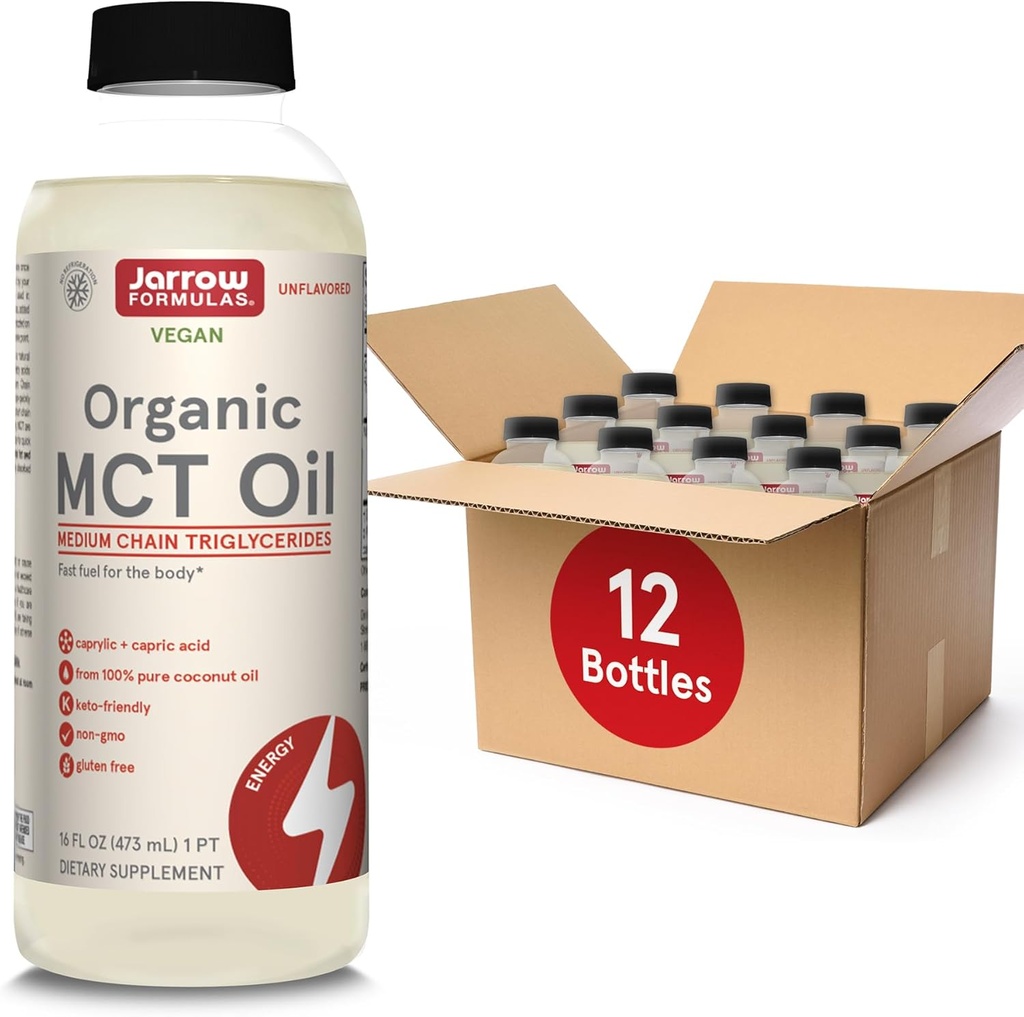 Formules de Jarrow Huile MCT organique - 16 fl oz - Combustible rapide pour le cerveau et les muscles - Caprylique (C8) + Acid Capric (C10) - Complément alimentaire Ketogénique - Non aromatisé (paquet de 12)