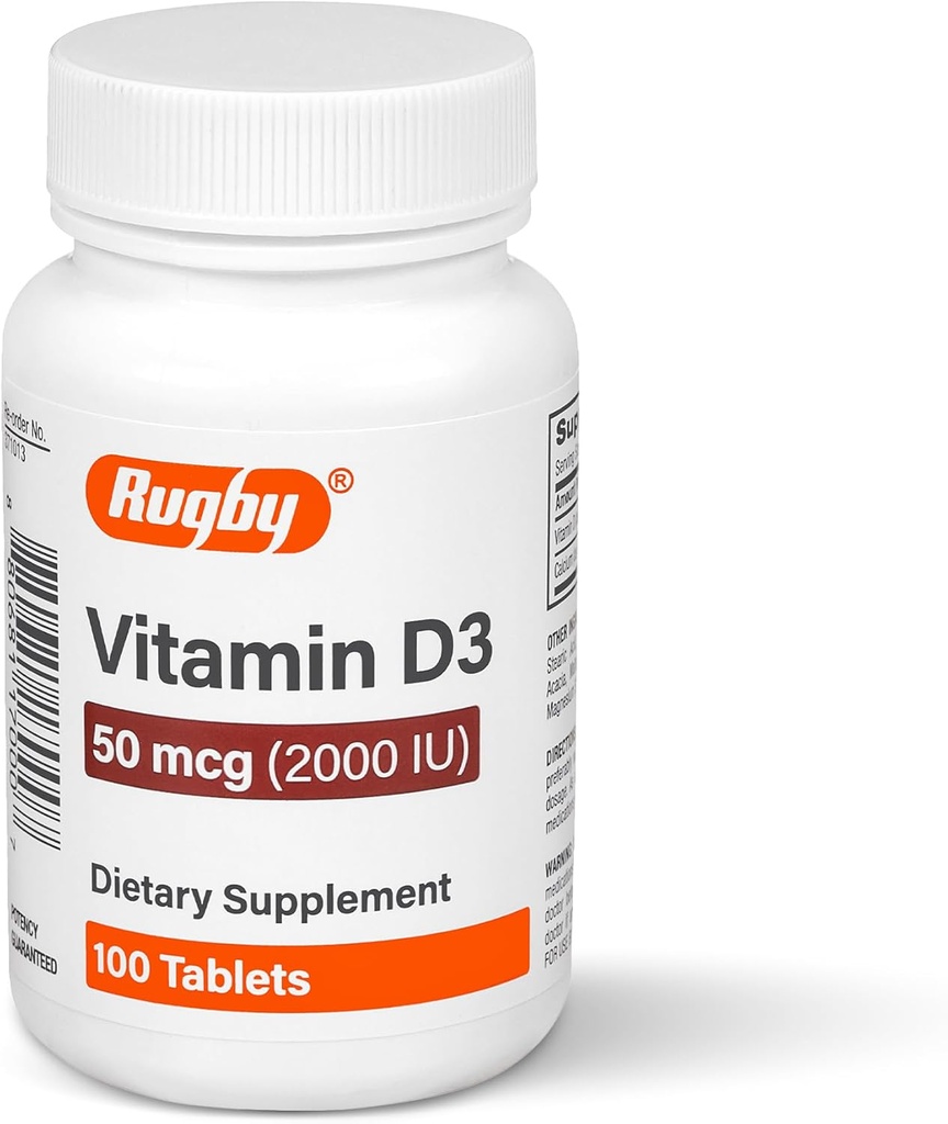 Rugby Vitamine D3 2000 UI (50 mcg) - Supplément alimentaire quotidien sans gluten de vitamine D pour la santé des os, des dents et des immunes 100 comprimés