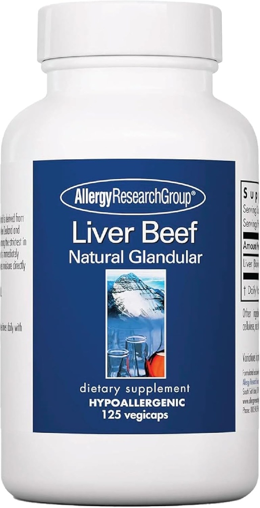 Allergy Research Group Supplément du foie de boeuf - Soutien de la fonction hépatique, Capsules de foie alimentées à l'herbe 1000mg, Vitamines du foie glandulaire - 125 Nombre