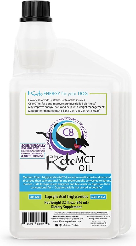 Durée de vie C8 MCT Huile pour chiens, kéto-friendly, provenant de l'huile de coco, grade humain, 32 oz, Fabriqué aux États-Unis par PhD Nutrition, Dog Optimal Fuel for The Brain and Body