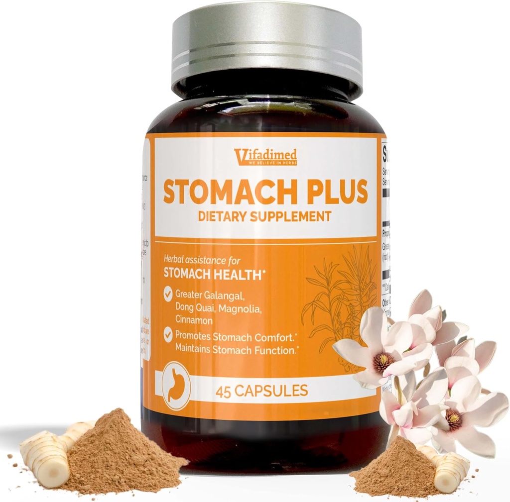 Stomach Plus-pour l'estomac, Gastritis, Réparer le doublage de l'estomac, Reflux acide, Brûlures Cœur, Indigestion, avec Galangal, Dong Quai, Cannelle et Magnolia-45 Capsules