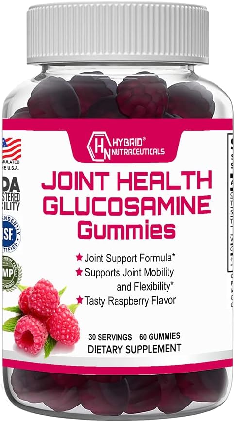 Supplément Santé Hybride Nutraceuticals - Glucosamine Gommies avec Vitamine E - Supplément Soutien de Mobilité et Flexibilité Jointe, Flaveur de framboise - 60 Gommies