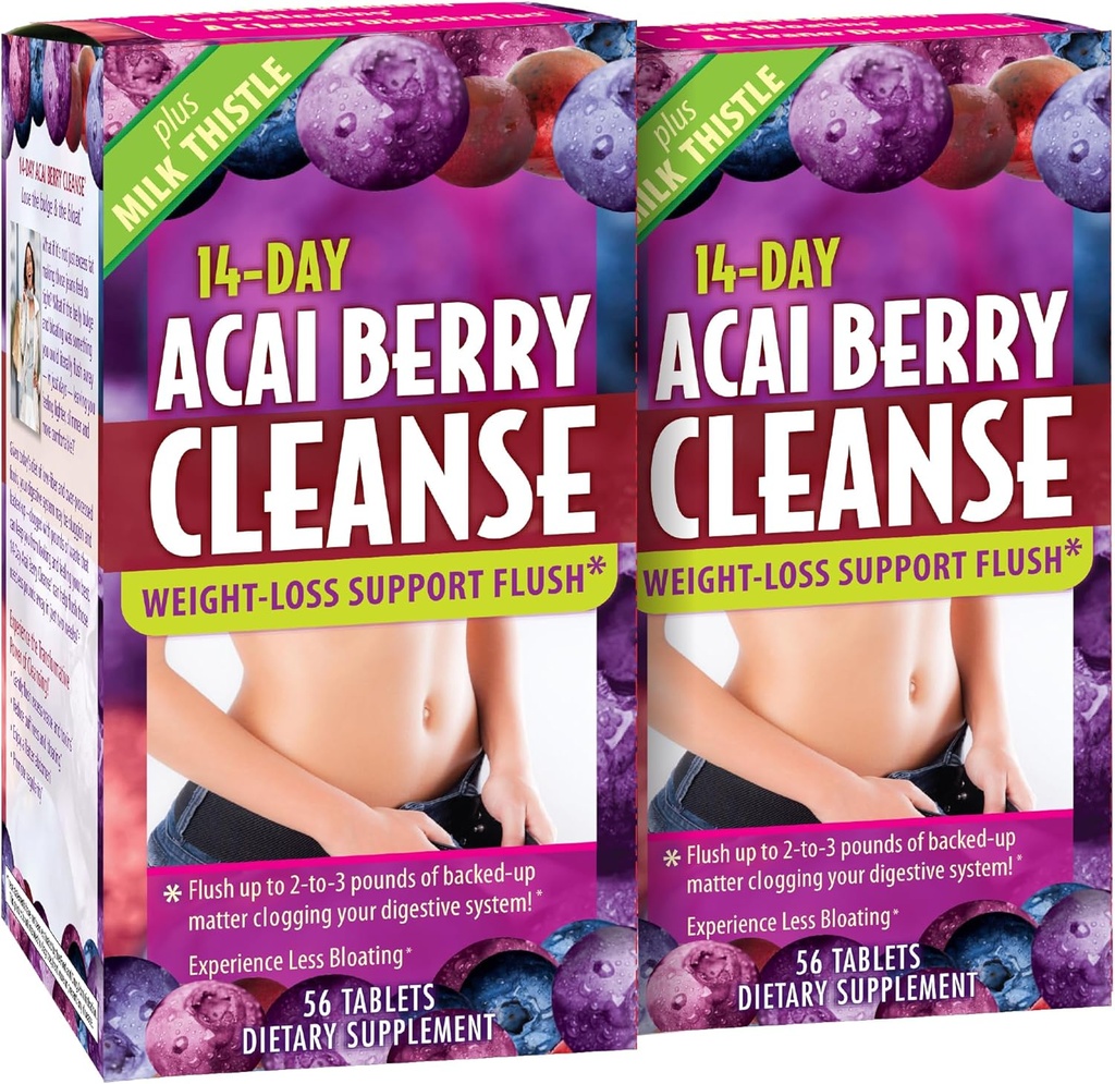 Nutrition appliquée Nettoyage des baies d'açai de 14 jours - 56 comprimés, boîte de 2 - Soutien de perte de poids Flush + chardon de lait - 56 portions totales