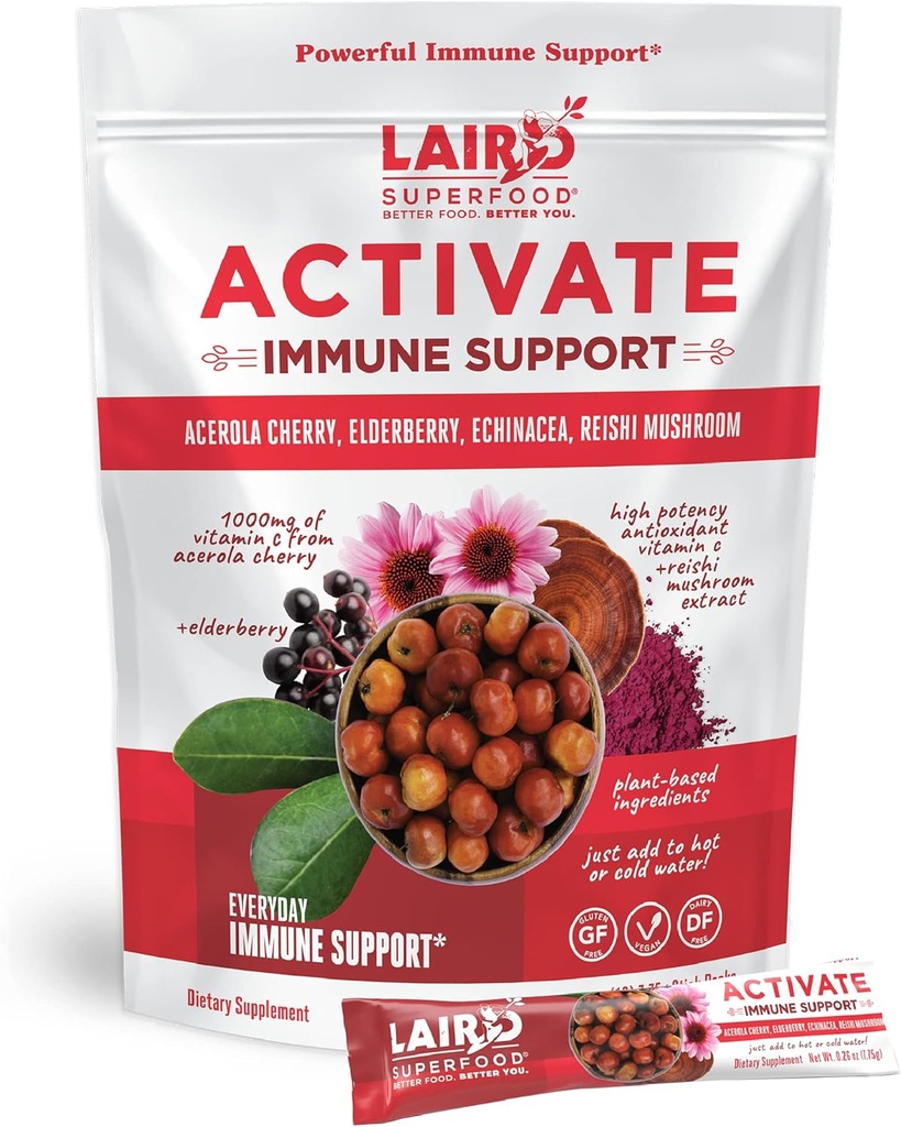 Laird Superfood Activer le supplément de boisson en poudre de soutien immunitaire, 1000 mg de vitamine C de cerise d'Acerola, cerise d'eau, échinacées et champignons Reishi, 7,75 Gram Stick, pack de 10