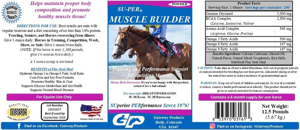 SUPER Muscle Builder Horse Supplement - Formation et soutien à la performance pour l'exercice musculaire - 12,5 livres, 6 mois d'approvisionnement