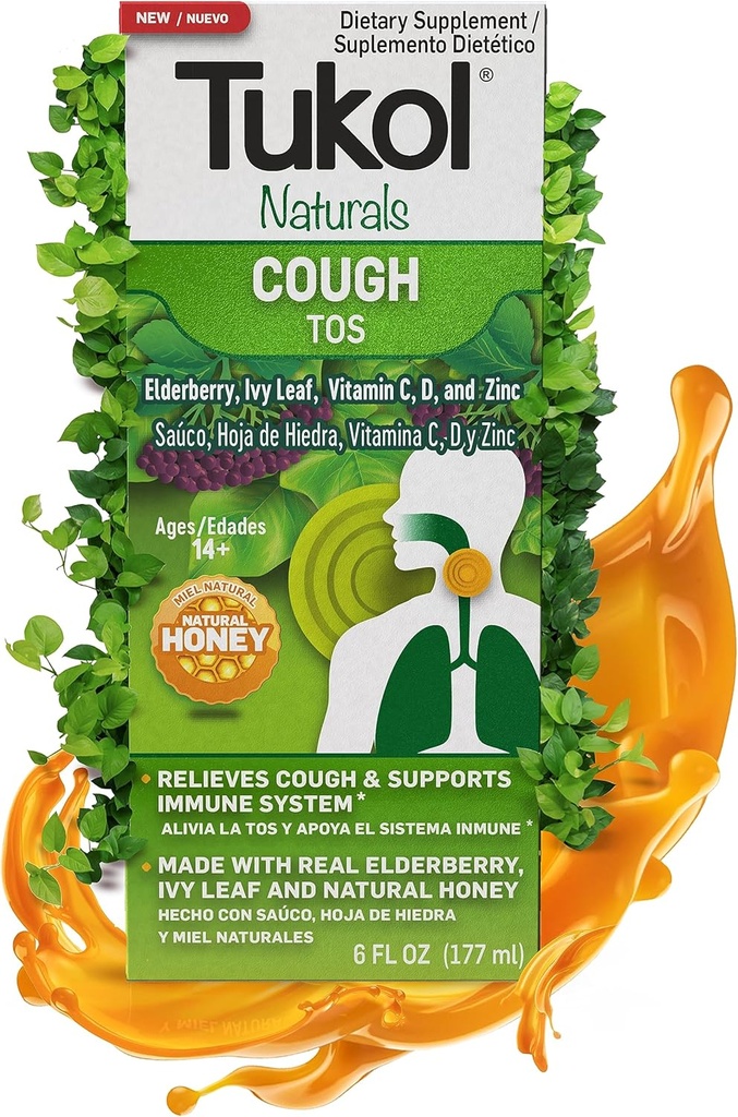 Syrup TUKOL Naturals Elderberry avec vitamine C, D et zinc, supplément de soutien immunitaire avec miel naturel pour adultes et adolescents, boost herbal Elderberry pour le soutien immunitaire et antioxydant, 6oz