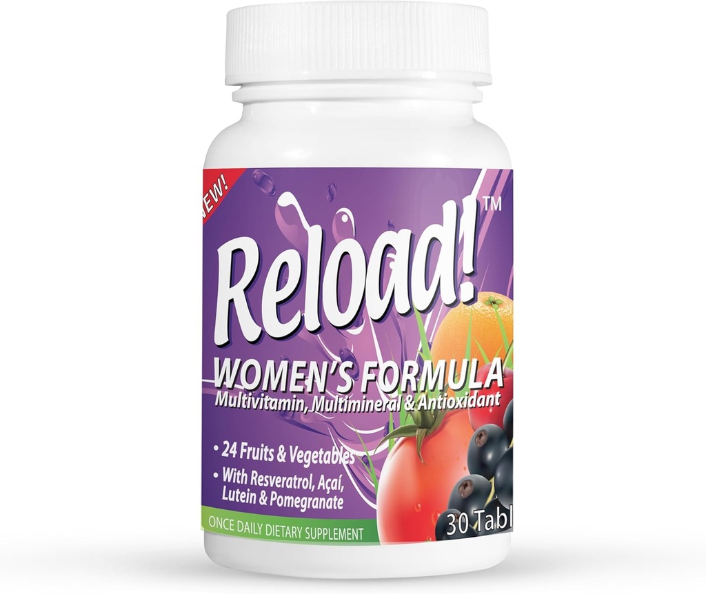 Rechargez! pour les femmes, toutes naturelles, multivitamines, multiminérales et antioxydants avec 24 fruits et légumes ainsi que Biotine pour les cheveux, la peau et les ongles. 1 mois Approvisionnement.