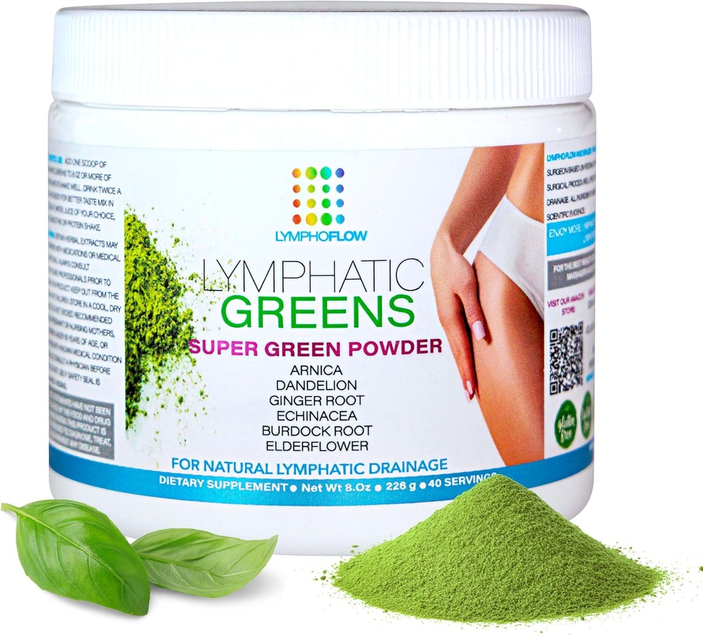 Bruizex Verts lymphatiques: Supplément de poudre super-alimentaire pour le drainage lymphatique et le soutien lymphatique I Post Liposuccion, BBL, Lipédème, Massage I Fonctionne avec Faja, Lipo Mousse, masseur, huile I Vegan I 8 Oz