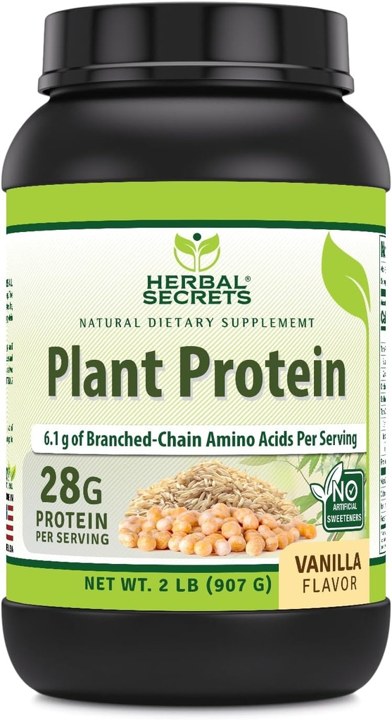 Herbal Secrets Plant Protein 2 Lb Powder | 28 Grams Protein per Serving | 6.1 Grams BCAA | Vegan Supplement | 23 Servings | Made in USA (2 Lb, Vanilla)