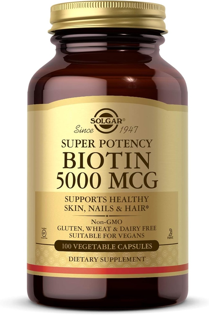 Solgar Biotin 5000 mcg - Promote Healthy Skin, Nails & Hair - Supports Energy Production, Protein, Carbohydrate & Fat Metabolism - Vitamin B - Non GMO, Vegan, Gluten Free - 100 Servings, Unflavored, Standard Packaging, 100 Count
