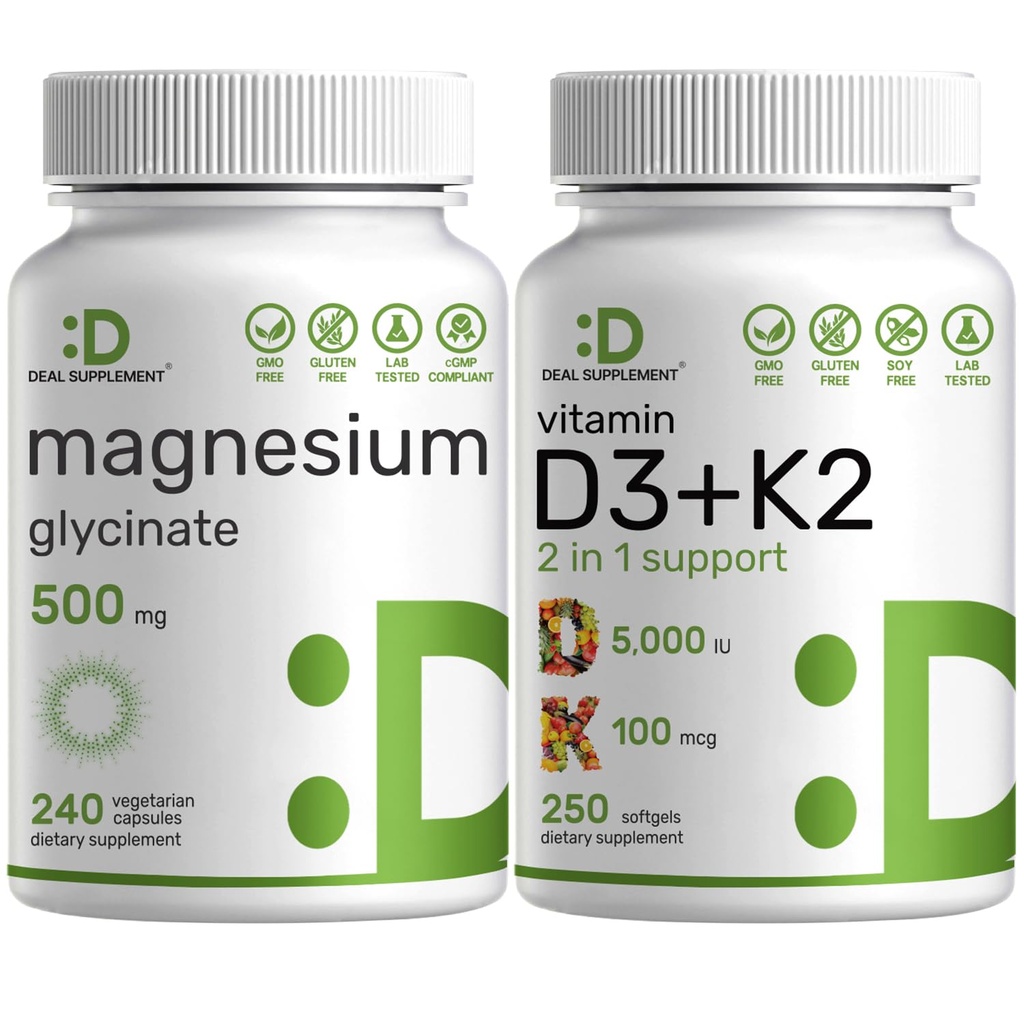 Magnésium Glycinat 500mg Capsules de Véggie et Vitamine D3 5 000iu + K2 100mcg Softgels Bundle – Minéral chélaté facilement absorbé – Vitamines essentielles du soleil D & K