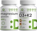 Magnésium Glycinat 500mg Capsules de Véggie et Vitamine D3 5 000iu + K2 100mcg Softgels Bundle – Minéral chélaté facilement absorbé – Vitamines essentielles du soleil D & K