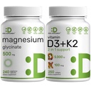 Magnésium Glycinat 500mg Capsules de Véggie et Vitamine D3 5 000iu + K2 100mcg Softgels Bundle – Minéral chélaté facilement absorbé – Vitamines essentielles du soleil D & K