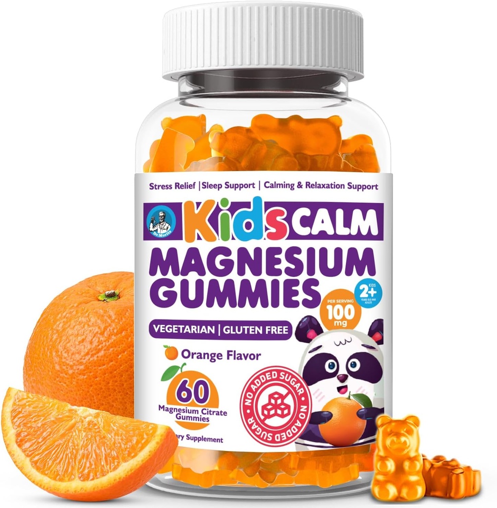 Dr Moritz Calmer et relaxer les enfants Gommies de magnésium, non-OGM et faible teneur en sucre Magnésium enfants Suppléments à chewy, Gommies de sommeil Enfants, Arôme orange