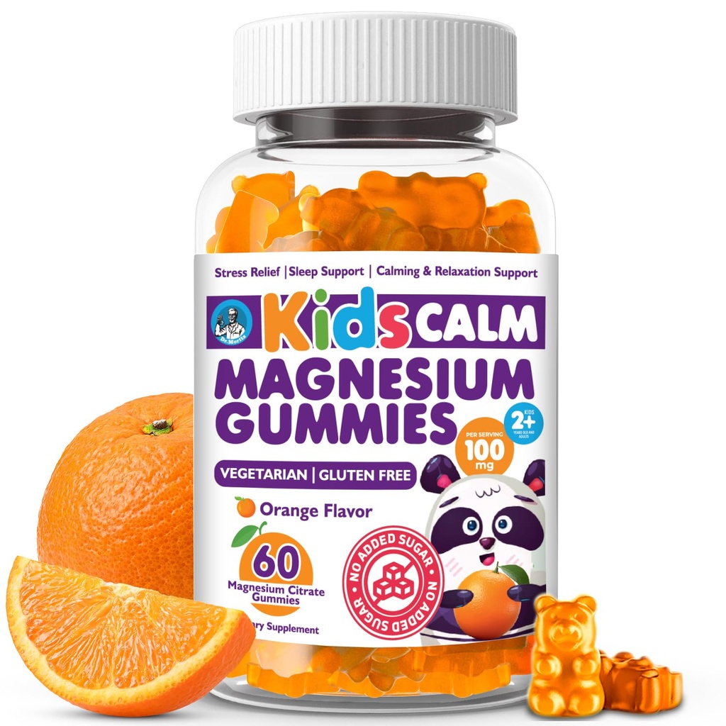 Dr Moritz Calmer et relaxer les enfants Gommies de magnésium, non-OGM et faible teneur en sucre Magnésium enfants Suppléments à chewy, Gommies de sommeil Enfants, Arôme orange