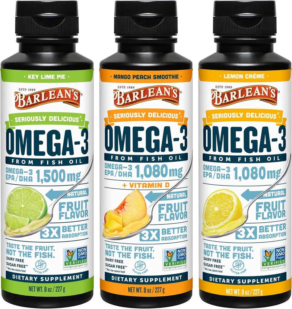 Barlean's Omega 3 Fish Oil Liquid Supplement 3-Flavor Variety Pack pour hommes et femmes, EPA et DHA Fatty Acid, comprend la tarte à la chaux, le citron crème et la mango peach flavors, 8 oz