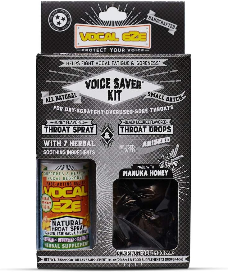 Vocal Eze Voice Saver Kit, Includes Vocal Herbal Throat Spray (1) and (12) Manuka Honey Drops | Relieve Sore, Hoarse, Fatigue, Dryness of Throat | Immune Support, Natural Ingredients (Aniseed)
