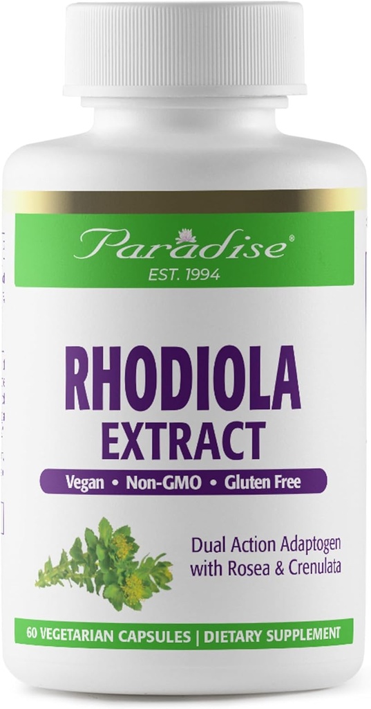 Extrait de Rhodiola de Paradise 500mg, Super Potent Antioxydant, Ultra Pure, Vegan, Non-OGM, Sans gluten, 60 Capsules végétariennes