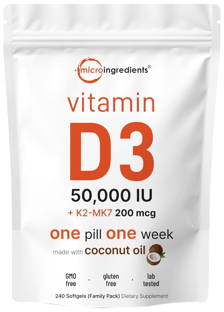Micro-ingrédients Vitamine D3 50 000 UI + K2 MK-7 200 mcg, 240 Softgels.Huile de coco vierge.