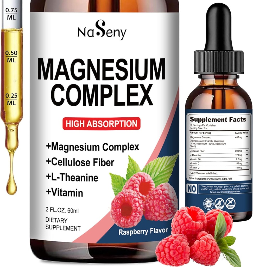 Supplément complexe de magnésium, 400 mg de glycinate de magnésium, mélange de vitamine de malate et de citrate pour les femmes et les hommes, absorption élevée - pour la relaxation, le sommeil et la santé nerveuse (60ML/framboise)