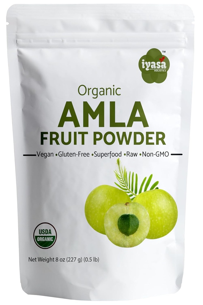 Iyasa Holistics Bio Amla Fruit Powder, Amalaki Berry Powder, 8 onces/226 gm, Raw Superfood pour la peau et les cheveux, Pouch resealable