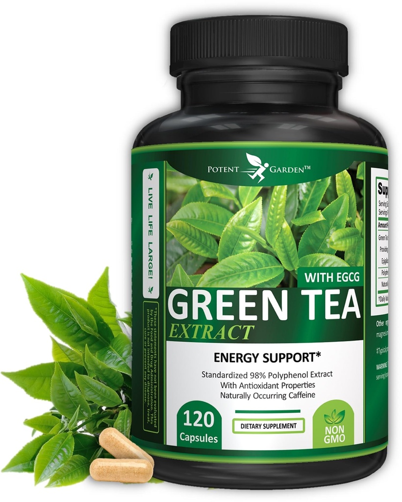 Extrait de thé vert Potent Garden avec EGCG Énergie Naturelle, Focus Mental, Soutien Immune, Formule Coeur Antioxydant et Santé, Capsules d'extrait de thé vert non-OGM 120