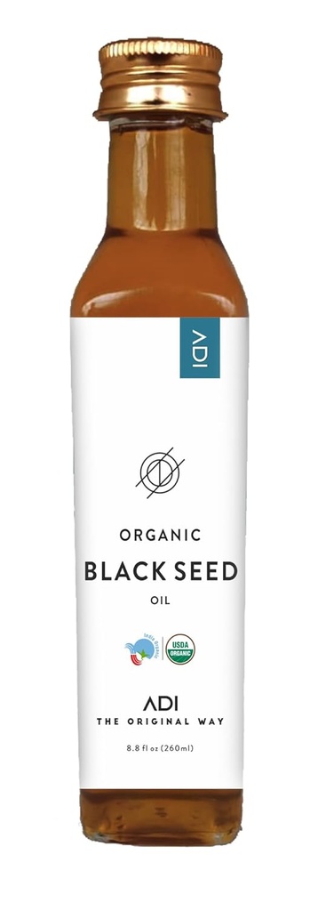 ADI huile naturelle de graines noires 8,8 oz, 100% pure huile liquide pressée à froid, bouteille de verre, USDA certifié, Nigella Sativa, riche en oméga 3-6-9