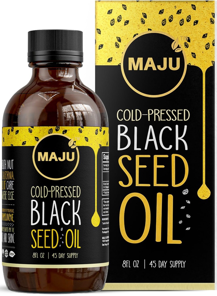 MAJU Huile de graines noires - 3 fois Thymoquinone, pressée à froid, 100% huile de graines de cumin noire turque, huile de graines noires pures liquides, bouteille de verre, 8 oz