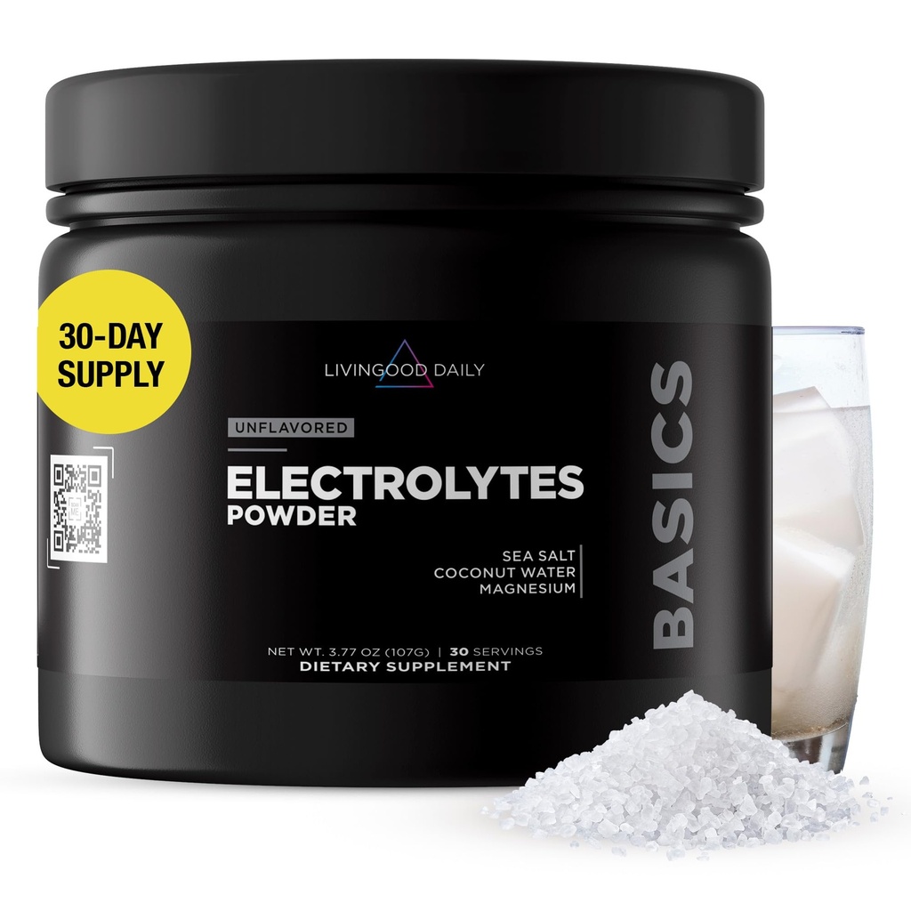 Poudre quotidienne d'électrolytes Livingood, Poudre d'hydrolyse d'électrolytes avec du magnésium, du potassium, du sel de mer et de l'eau de coco Mélange de boissons sans électrolyte, sans kéto, sans gluten, sans saveur, 30 portions