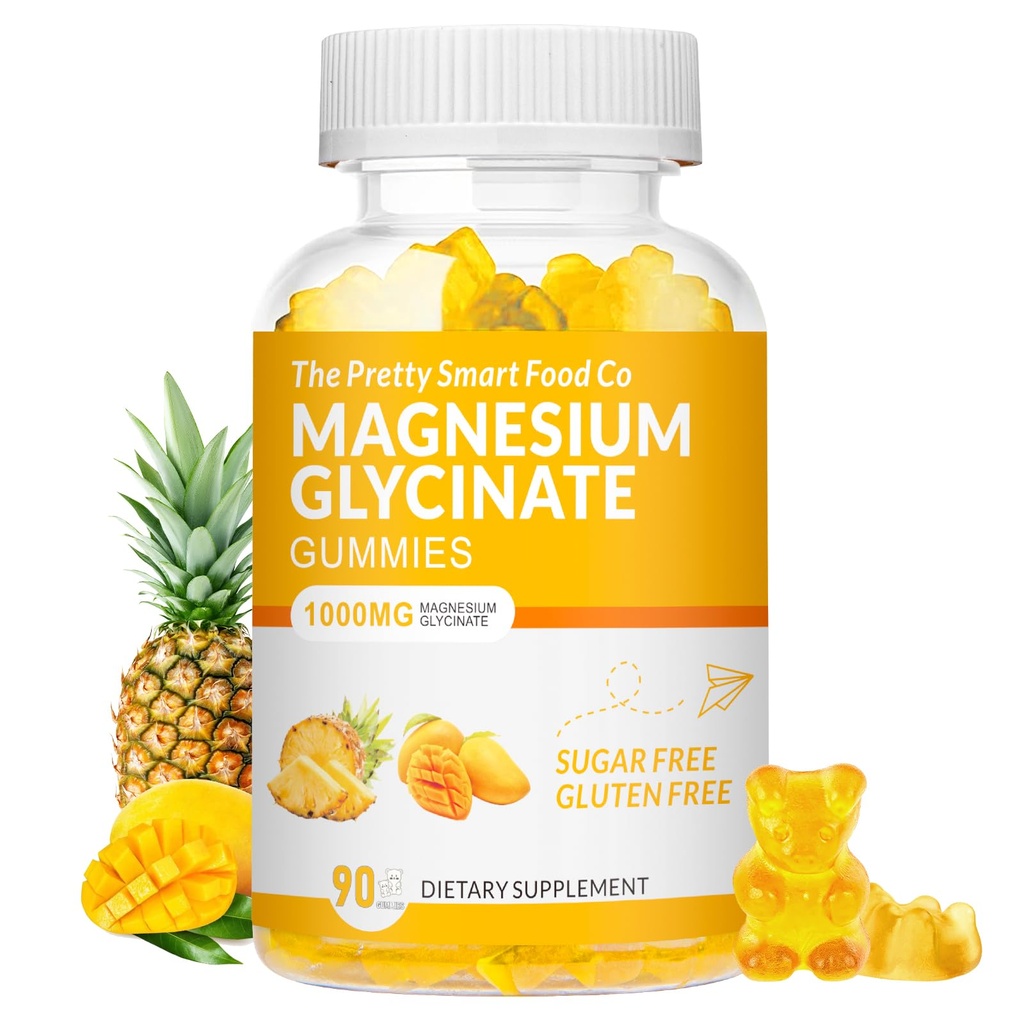 Glycinat de magnésium Gommies 1000mg - 90 Ct. Suppléments de potassium de magnésium pour la relaxation, le soulagement du stress, avec vitamine D, B6, CoQ10 pour l'humeur calme et le soutien du sommeil - Gommies d'ananas de la mangue