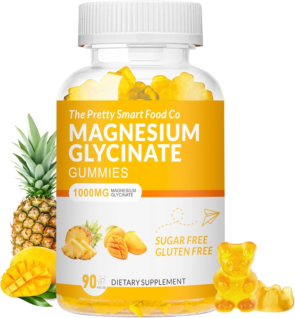 Glycinat de magnésium Gommies 1000mg - 90 Ct. Suppléments de potassium de magnésium pour la relaxation, le soulagement du stress, avec vitamine D, B6, CoQ10 pour l'humeur calme et le soutien du sommeil - Gommies d'ananas de la mangue