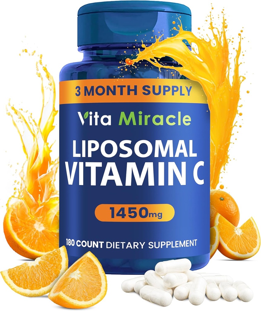 Vitamine liposomique C 1450mg - 180 Capsules Ultra Absorption Acide ascorbique VIT C supporte Système immunitaire Fat soluble Antioxydant et collagène Booster Comparer à la vitamine C 1000mg ou 500mg Vegan non-OGM
