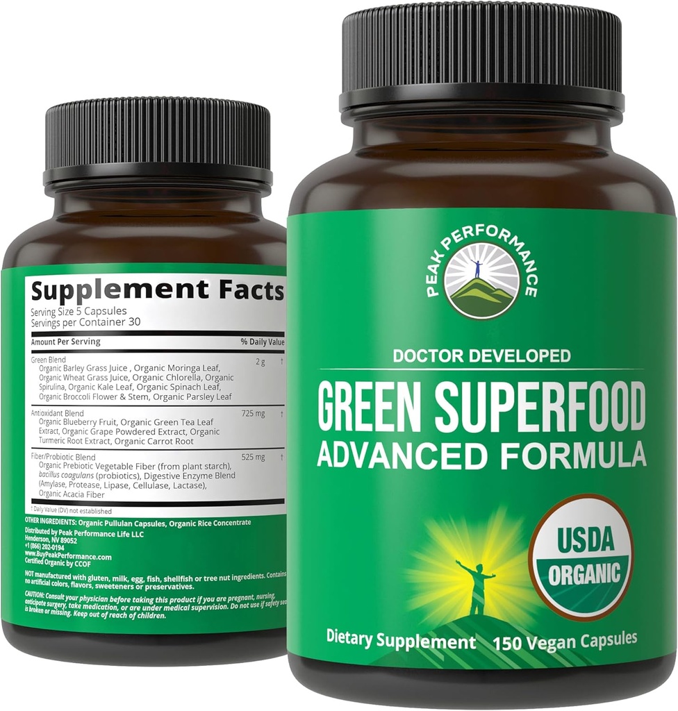 Bio Super Greens 150 Capsules - Supplément de jus vert avec 25 ingrédients biologiques naturels. Max Energy et Detox Super Food Pills avec Spiruline, Épinards, Kale, Turmeric, Probiotiques