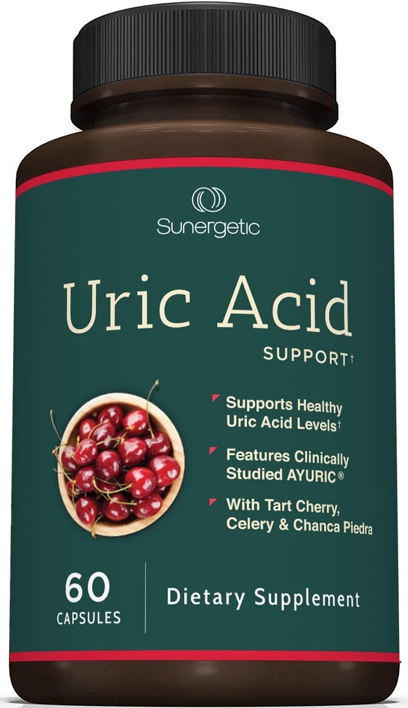 Sunergetic Premium Uric Acid Support Supplément – Uric Acid Cleanse & Rein Support – Comprend Tart Cherry, Chanca Piedra, Celery Extract & Turmeric - 60 Capsules