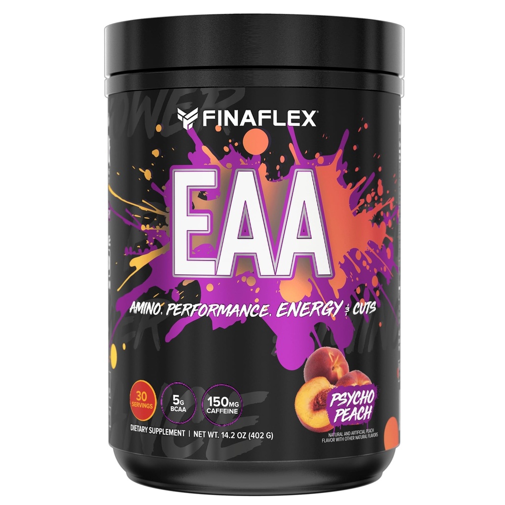 FINAFLEX EAA, Psycho Peach - 14,2 oz - Promotion de la performance, de l'énergie et des coupures - Avec BCAA, L-Glutamine, L-Arginine, acétyl-L-Carnitine et caféine - 30 portions