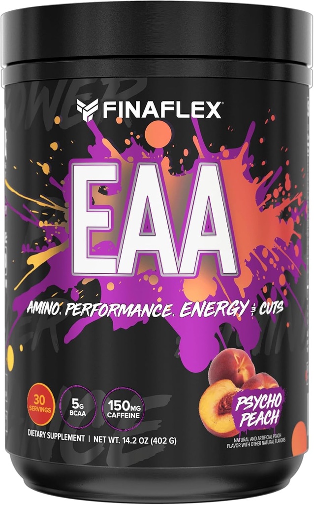 FINAFLEX EAA, Psycho Peach - 14,2 oz - Promotion de la performance, de l'énergie et des coupures - avec BCAA, L-glutamine, L-Arginine, acétyl-L-Carnitine et caféine - 30 portions