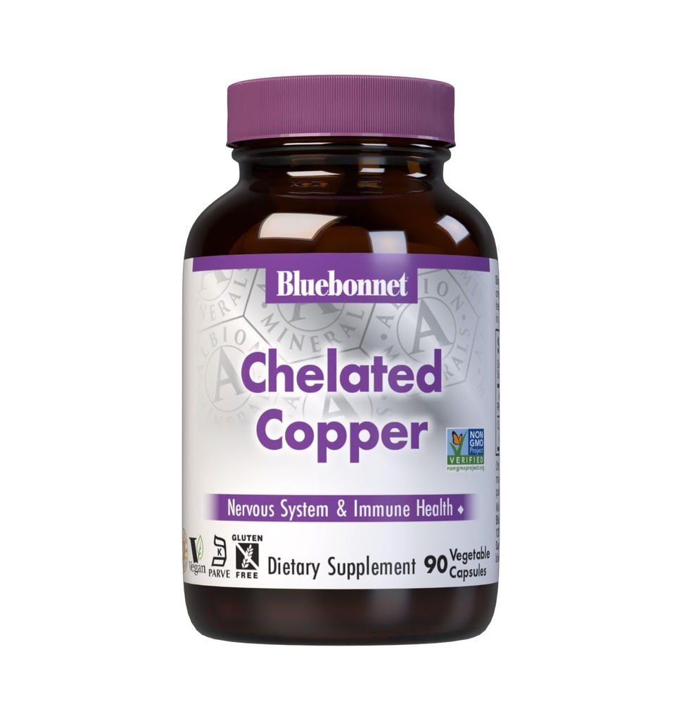 Bluebonnet Nutrition Albion Cuivre chélaté, 3 mg de cuivre, pour le système nerveux et la santé immunitaire*, sans soja, sans gluten, sans OGM, certifié Kosher, sans lait, végétalien, 90 capsules végétales, 90 portions