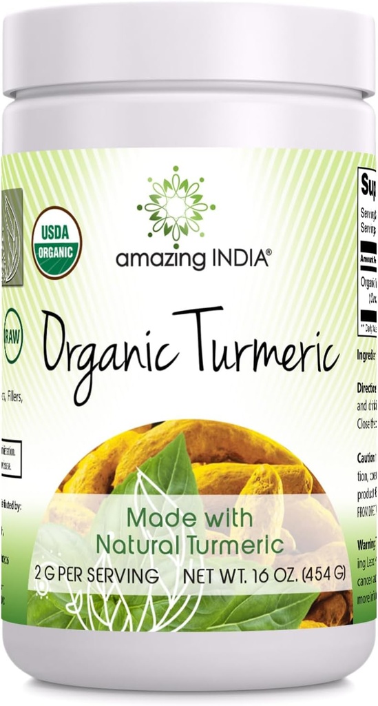 Amazing India USDA Certified Turmeric Powder 16 Oz (1 Lb) Supplément "Non-GMO" Sans gluten" Fabriqué aux États-Unis