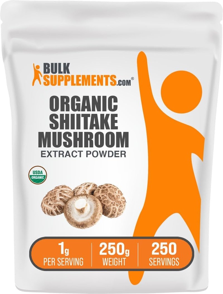 BulkSupplements.com Poudre d'extrait de champignons chiitake bio - Poudre de champignons chiitake bio, soutien immunitaire - Vegan & sans gluten, 1g par portion, 250g (8.8 oz) (paquet de 1)