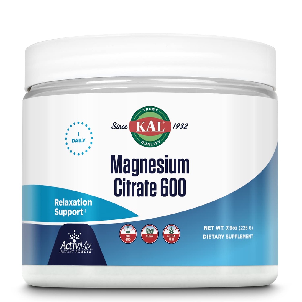 KAL Citrate de magnésium 600 mg ActivMix poudre instantanée, supplément de magnésium pour la fonction musculaire saine, relaxation, nerf et support de circulation, végétalien, non-OGM, sans gluten, environ 60 portions, 7,9oz