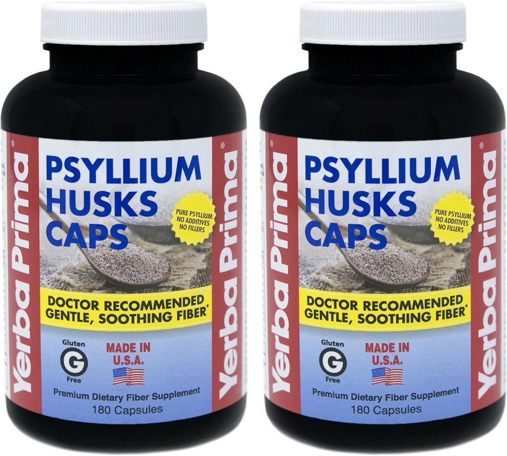 Yerba Prima Psyllium Husk Caps - 180 capsules (paquet de 2) - Supplément de fibre facile à avaler - Nettoyage des colonies - Santé des intestins - Non-OGM Sans gluten